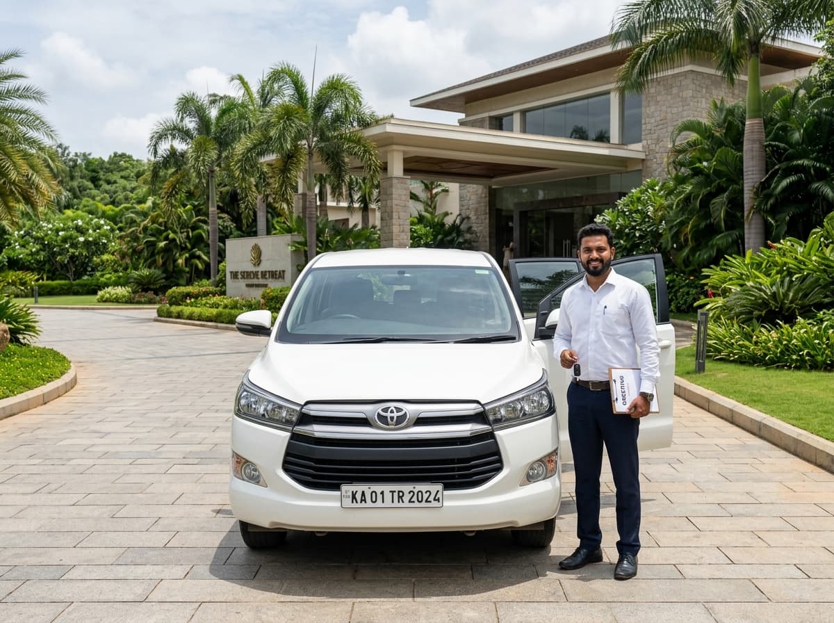 Krushnraj Travels driver standing beside a white Toyota Innova Crysta at a resort